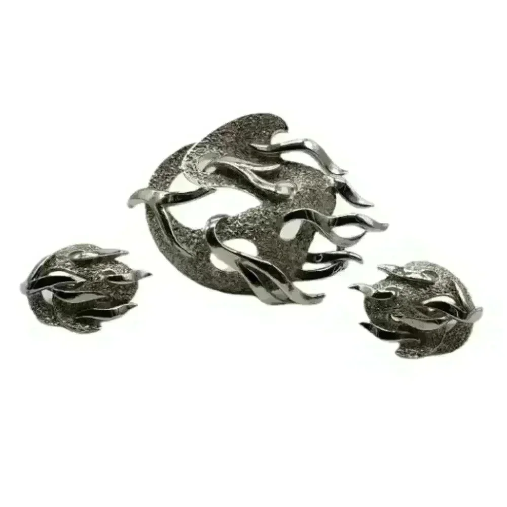 Vintage Crown Trifari Brooch Earrings Set MCM Fire & Ice Flames Silver RARE